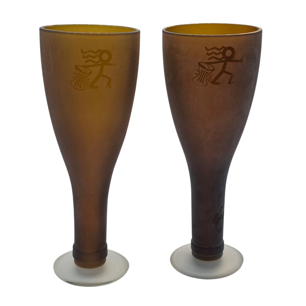 Green Glass Africa Marana Red Stripe Recycled Wine Bottle Goblet Pair Vintage